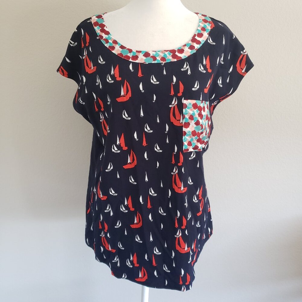 Anthropologie Porridge Top Sailboat Nautical Print Boxy Shirt Navy Size M